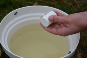 Photo of a person holding a BlueLite C Hydra Tab over a bucket of warm water